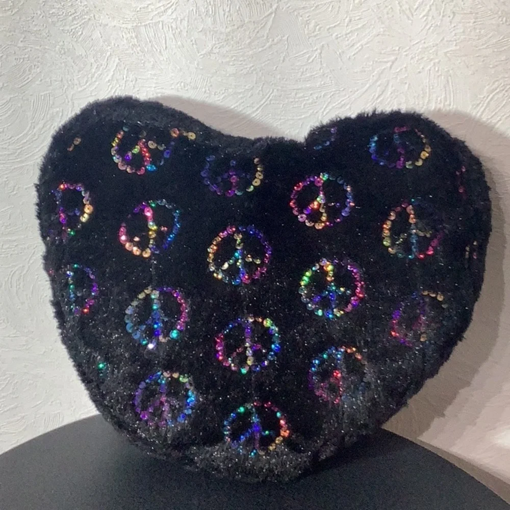 Plush heart shaped Pillow NWOT - with sequined peace signs - front and back